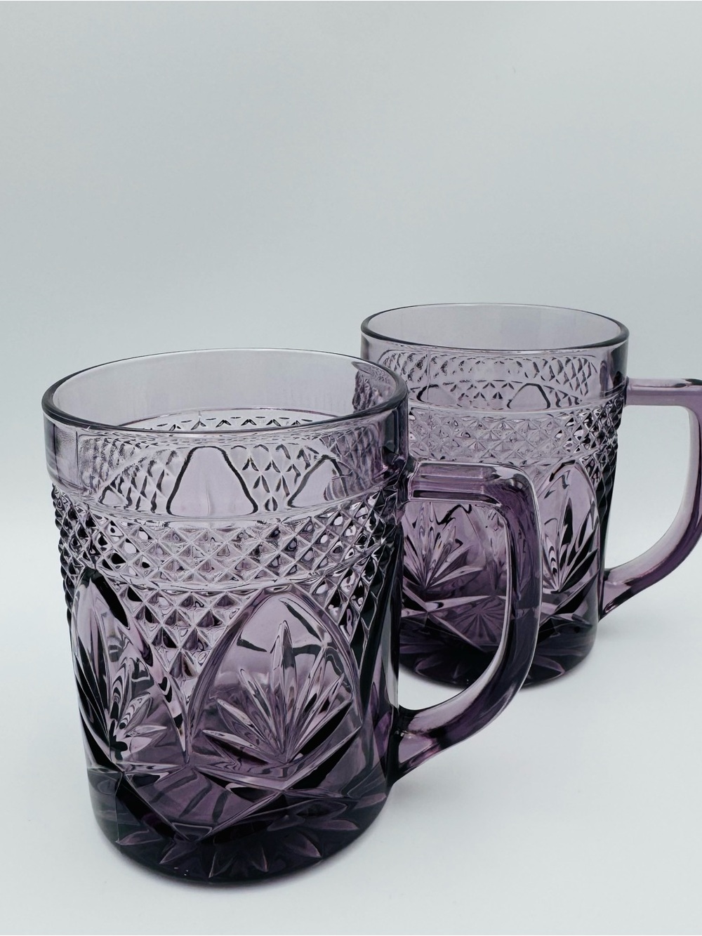 Cristal D'Arques Durand Antique PURPLE Amethyst Glass Mug 3 7/8" Tall Set of 2